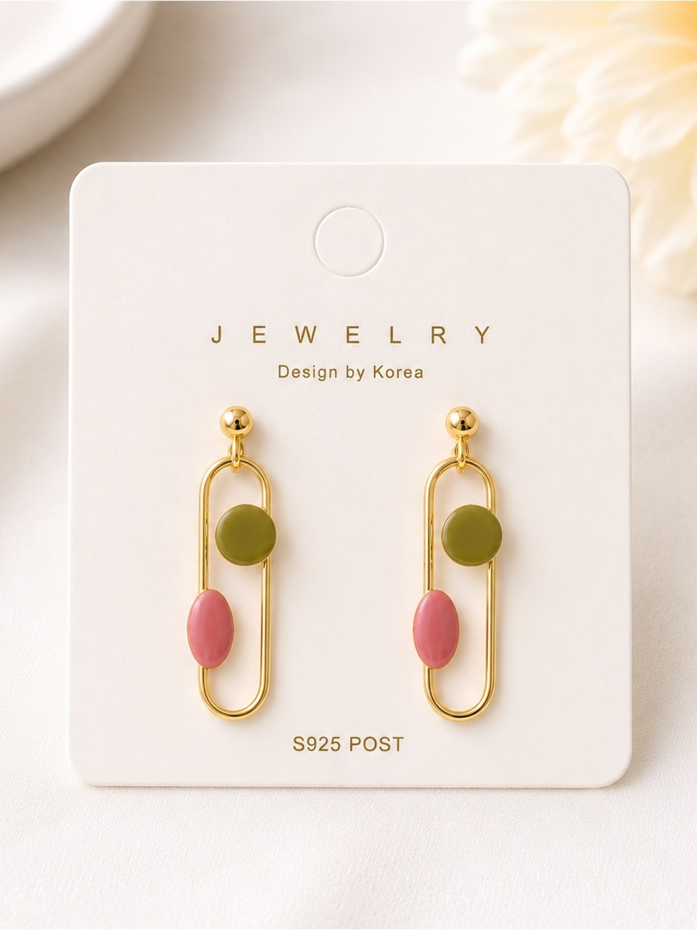 Gold Drop Earrings with Olive Green & Rose Pink Accents
